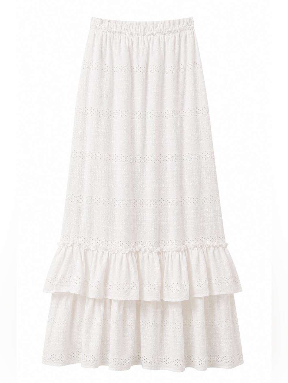 BCBG Max Azria White Eyelet Ruffle Maxi Skirt, XXS, Coastal, Romantic, Cotton